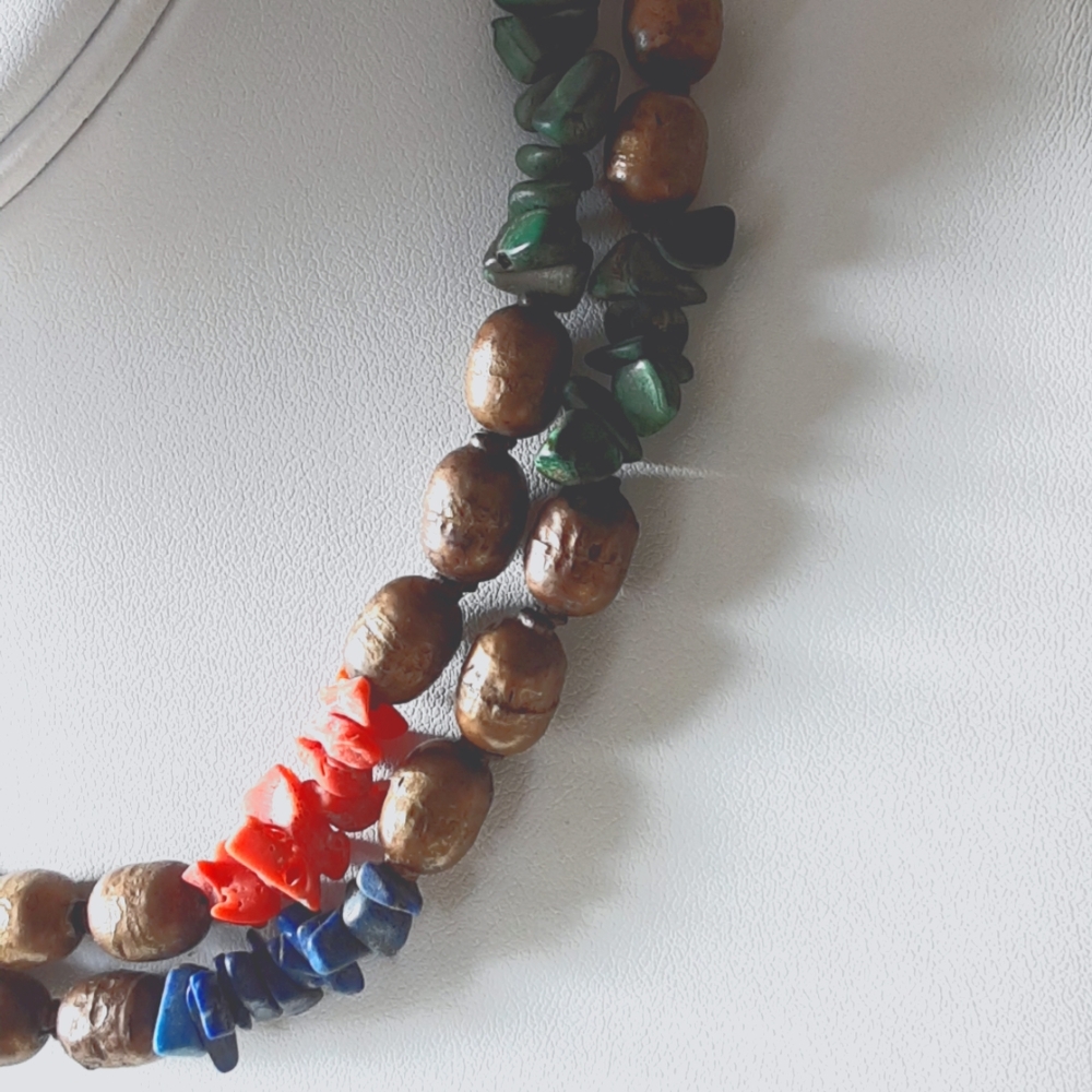 VTG JAPAN COPPER, CORAL, LAPIS, TURQUOISE NECKLACE 32" - Picture 2 of 4